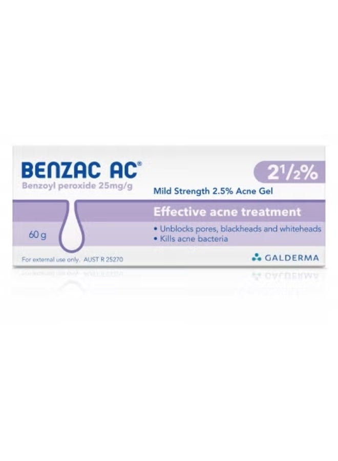 Benzac AC 2.5% Acne Treatment Gel – 60 g – Topical Benzoyl Peroxide Gel for Acne, Blackheads & Clearer Skin.
